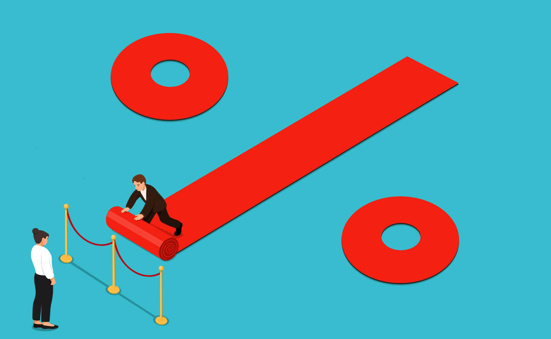 Illustration of a red carpet being rolled out, to form the shape of a percentage symbol