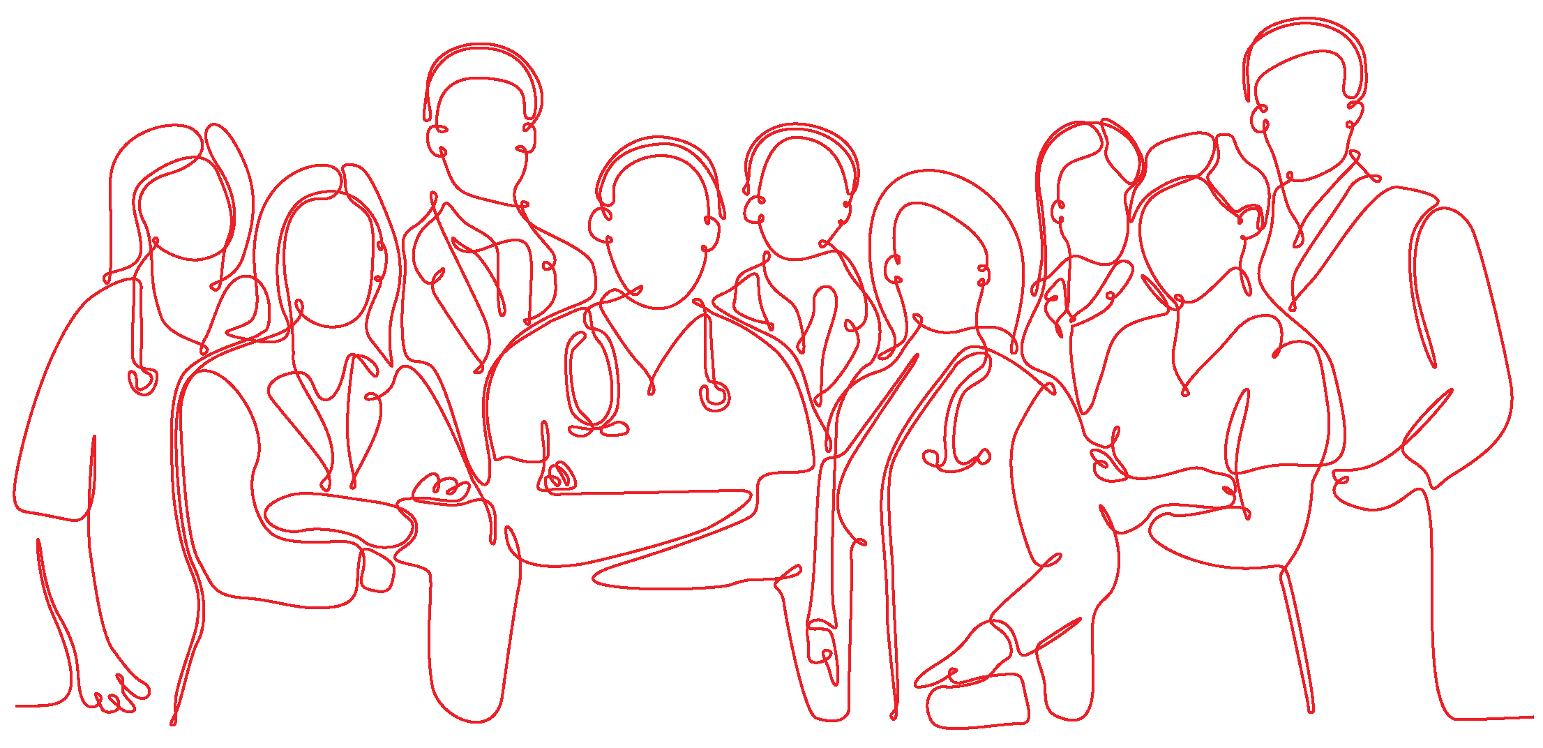 Red line illustration of a group of medical professionals