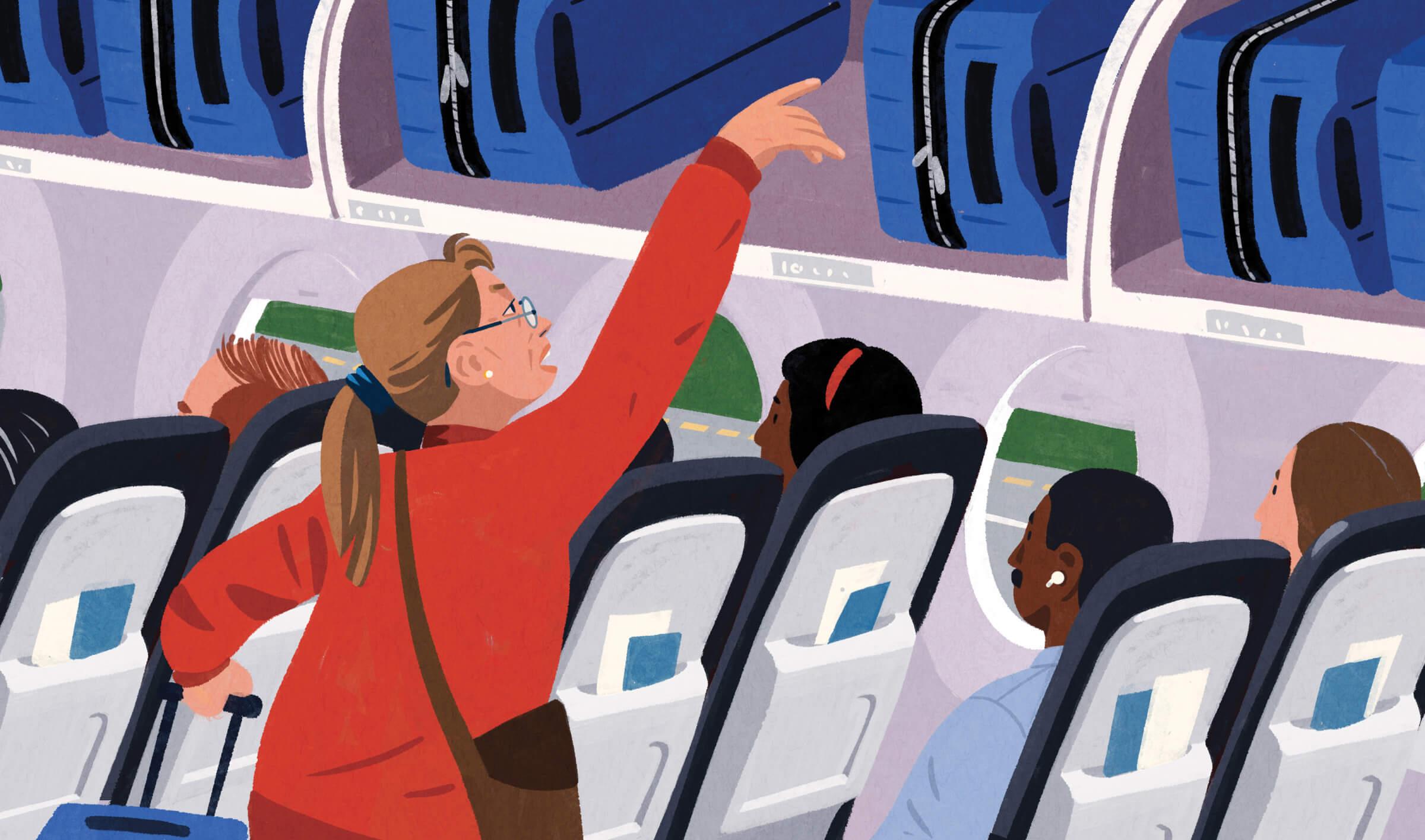 Illustration of a worried woman reaching for her bag in an airplane compartment, but it's not there