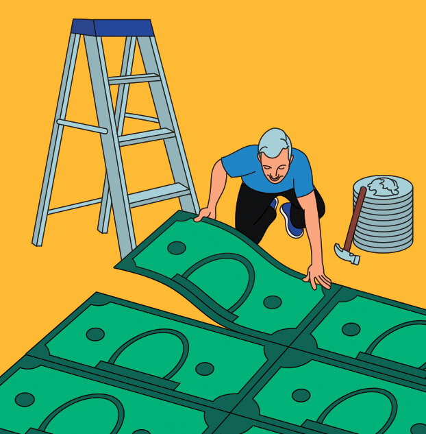 Illustration of a man installing floor tiles, the tiles look like dollar bills