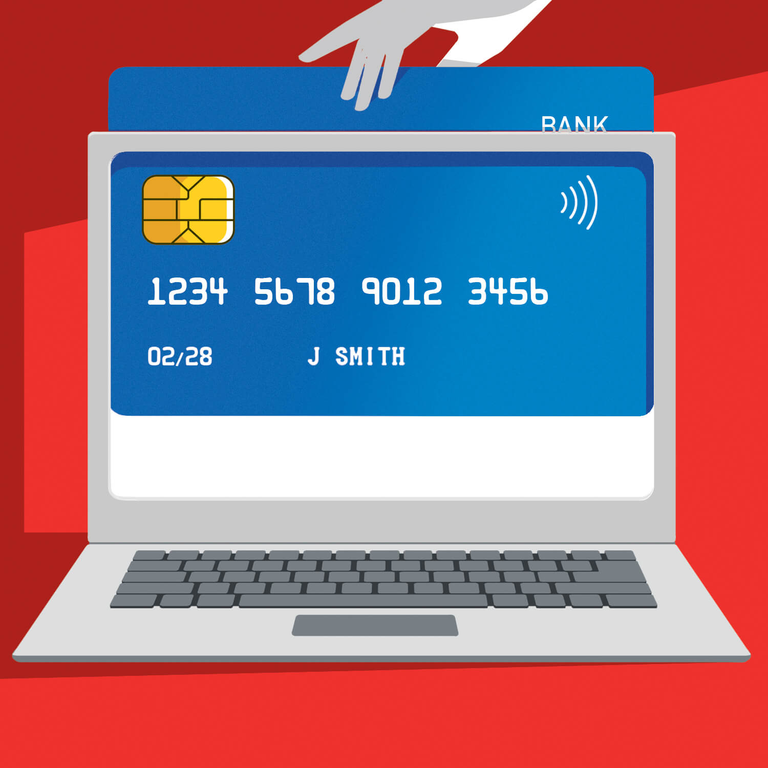 Illustration of a laptop, with a credit card being stolen off the screen