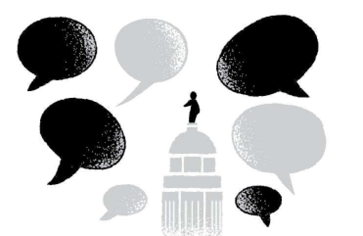 Icon of a capital building surrounded by conversation bubbles