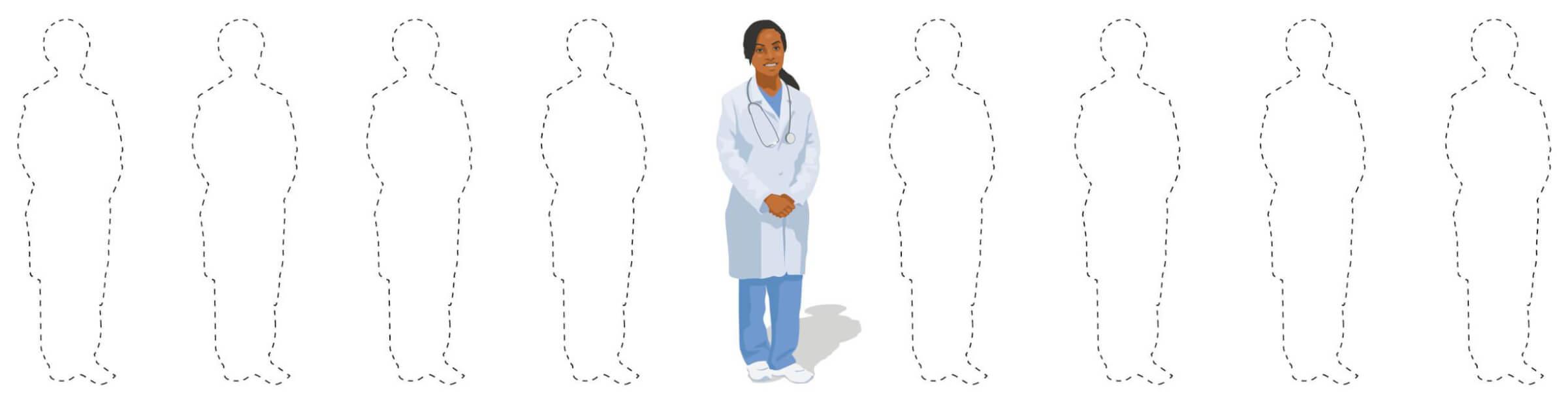 Illustration of line of empty doctor silhouettes, a single visible doctor is standing in the middle