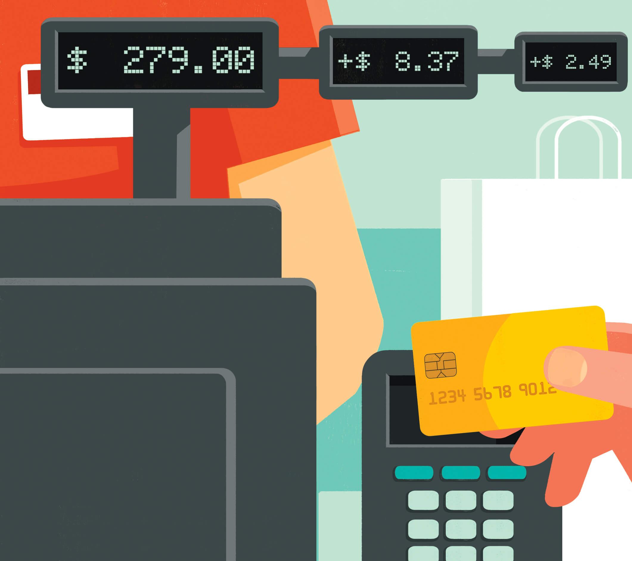 Illustration of a cash register screen, showing many additional charges for using a credit card