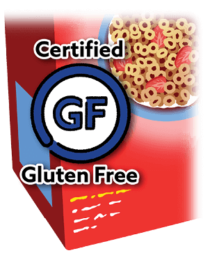 Illustration of a box of cereal with a Certified Gluten Free label