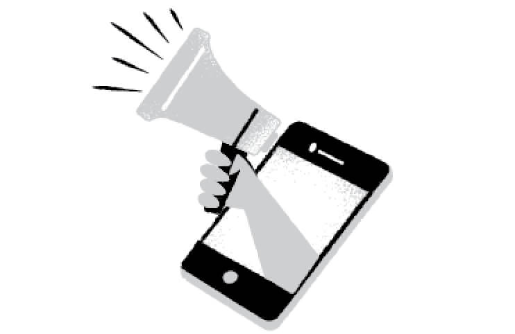 Icon of a hand with a megaphone coming out of a cellphone screen