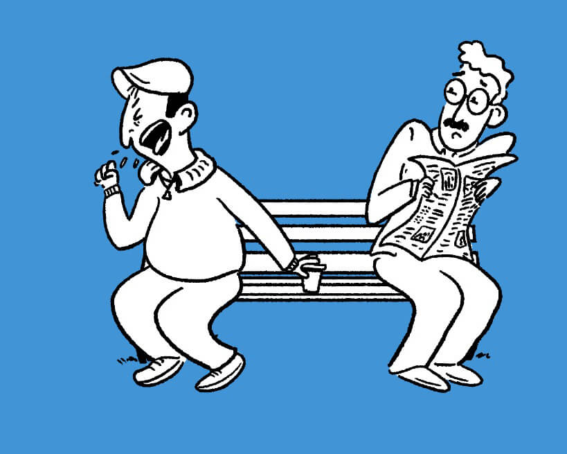 Illustration of two men sitting on a bench, one is coughing and the other is leaning away