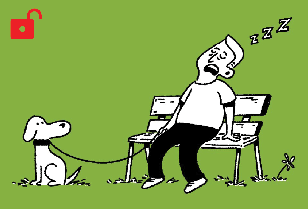 Illustration of a man falling asleep while walking his dog