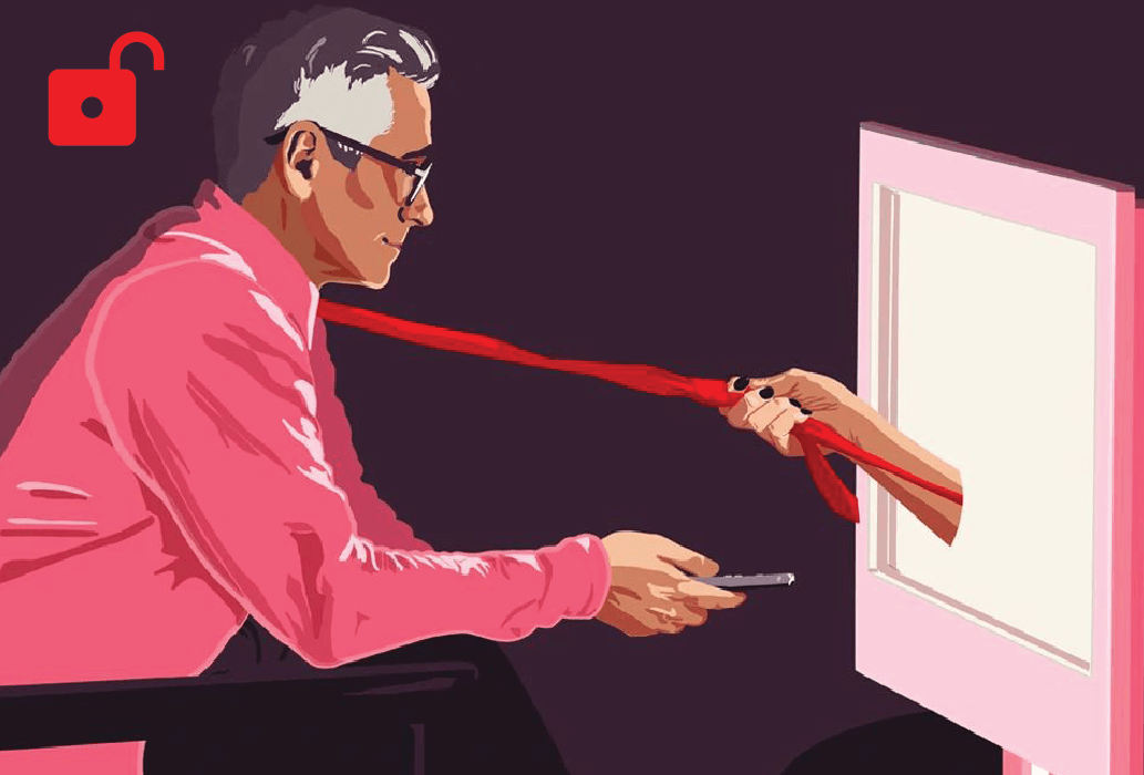 Illustration of a man being pulled by his tie towards a computer screen