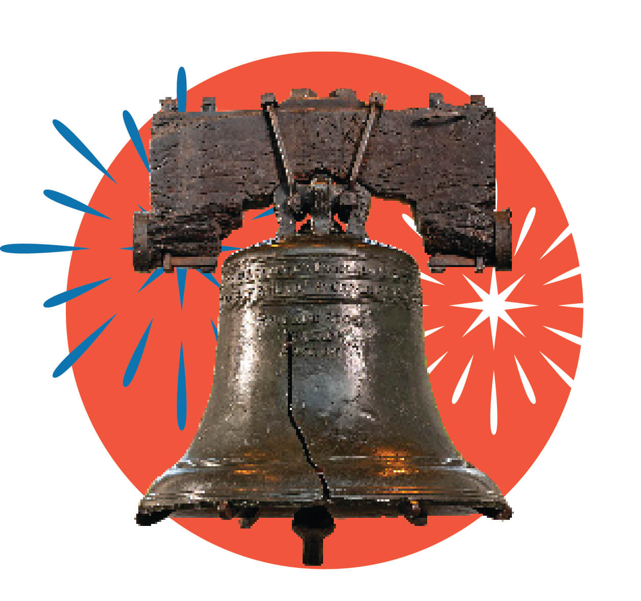 Image of Liberty Bell surrounded by ​fireworks.