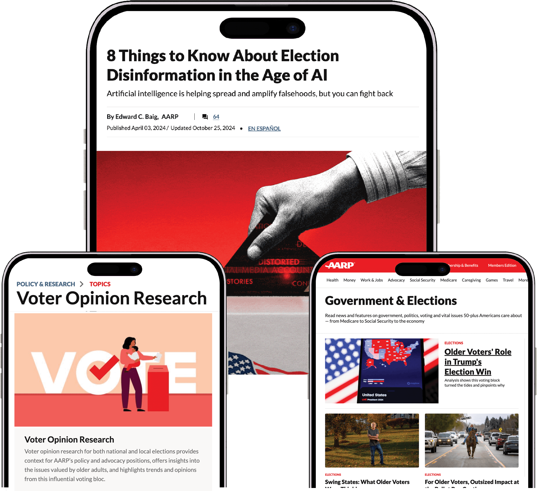 Photographs of three phones stacked over each other. One phone has the screen open to Voter Opinion Research, the other to Government and Elections and the last to 8 Things to know about election disinformation in the age of AI.