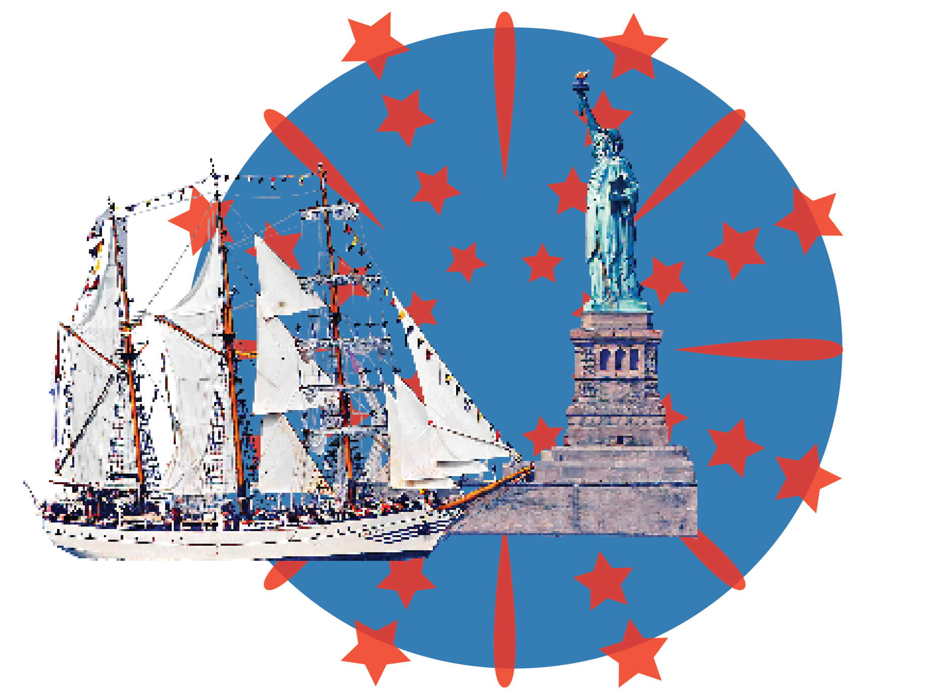 Image of ships in front of Statue of Liberty surrounded with fireworks.