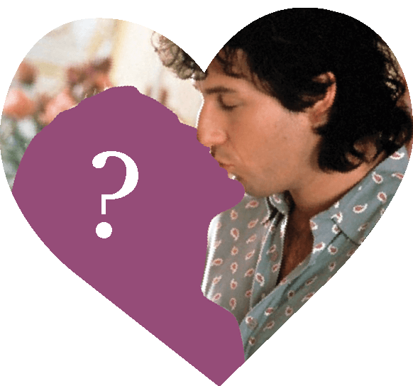 Image of Sandler kissing a person. In the silhouette of the person is a question mark.