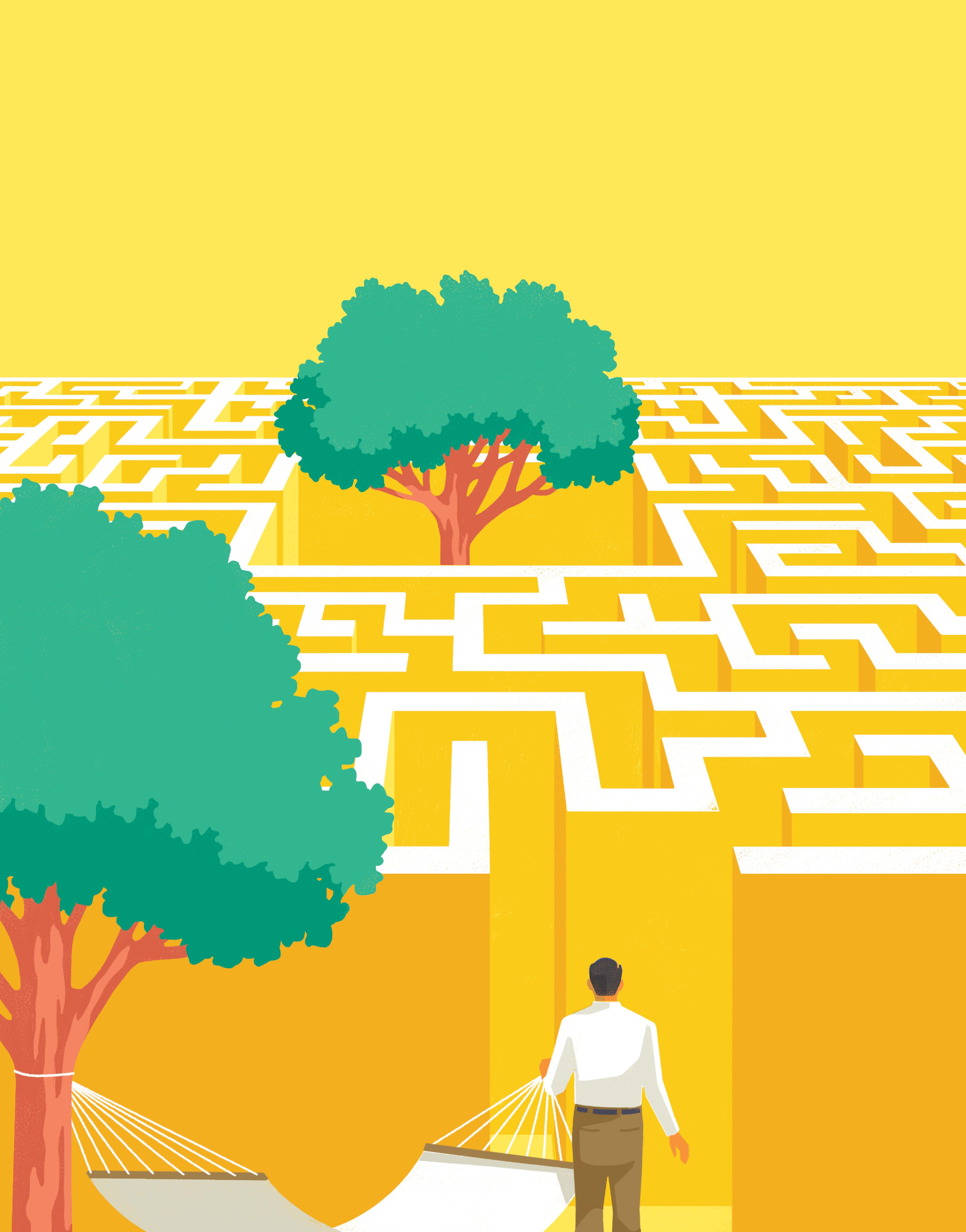 Illustration&nbsp;of a man standing in front of a huge maze with a tree in the middle and at the entrance. The man holds one end of a hammock while the other is held by the tree.