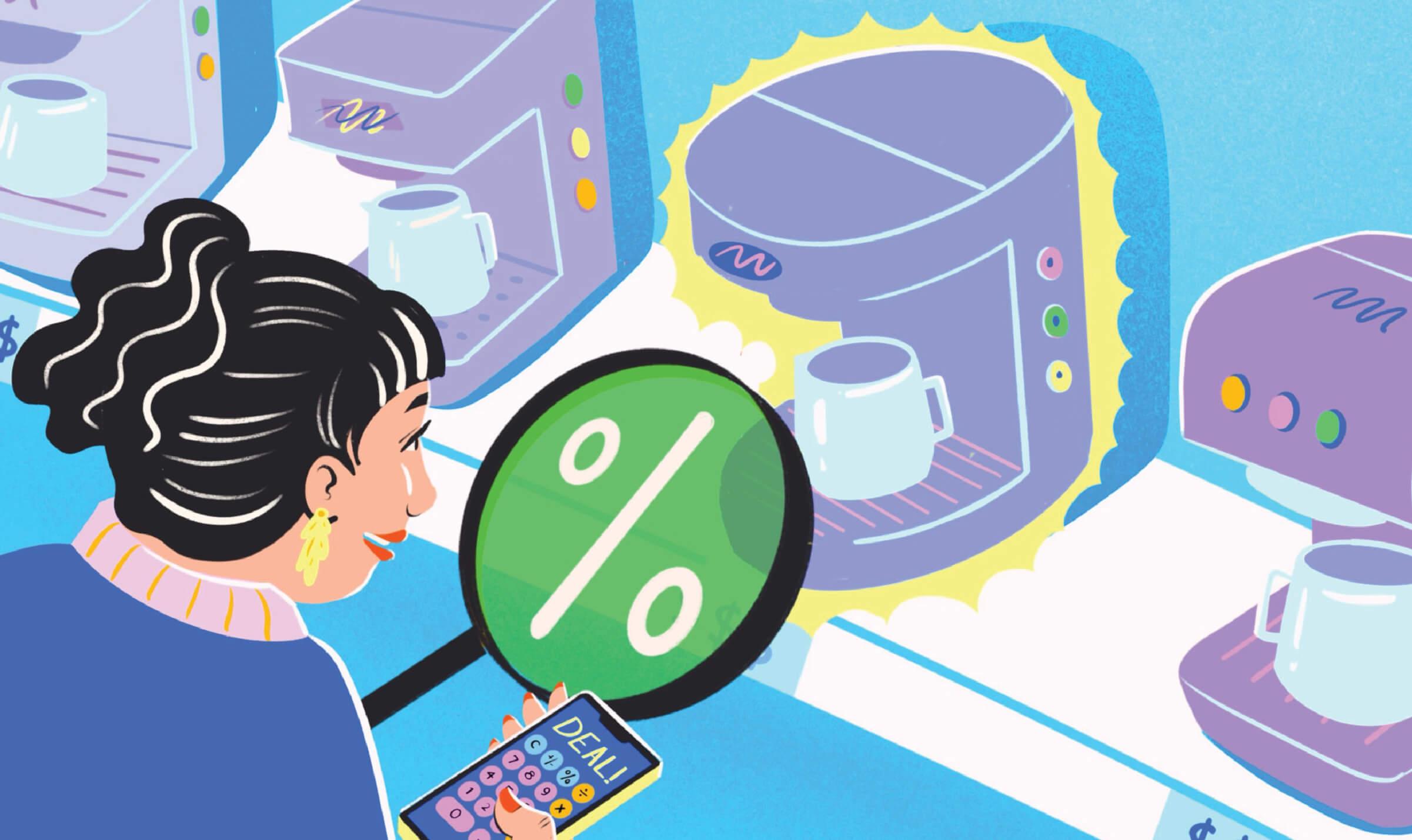 Illustration of a woman holding a magnifying glass with a percentage symbol on it. She is inspecting a coffee maker that is in a line of several coffee makers.