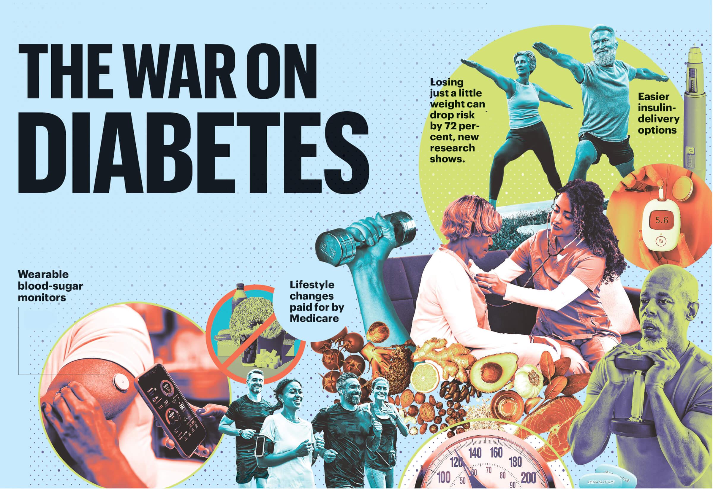 Photo collage of people doing various activities like running, lifting weights and doing yoga. It is also interspersed with healthy food like nuts, ginger, avocados and devices like blood sugar monitors and insulin delivery options. On the top left the collage is the text The War on Diabetes