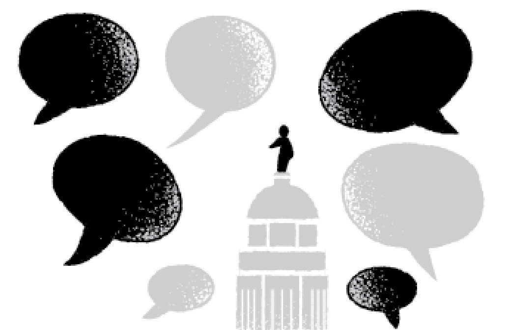 Illustration of Maine’s State house with several speech bubbles all around it.