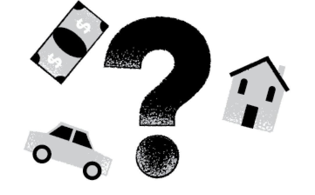 Illustration of question mark with a house, car and dollar bill around it.