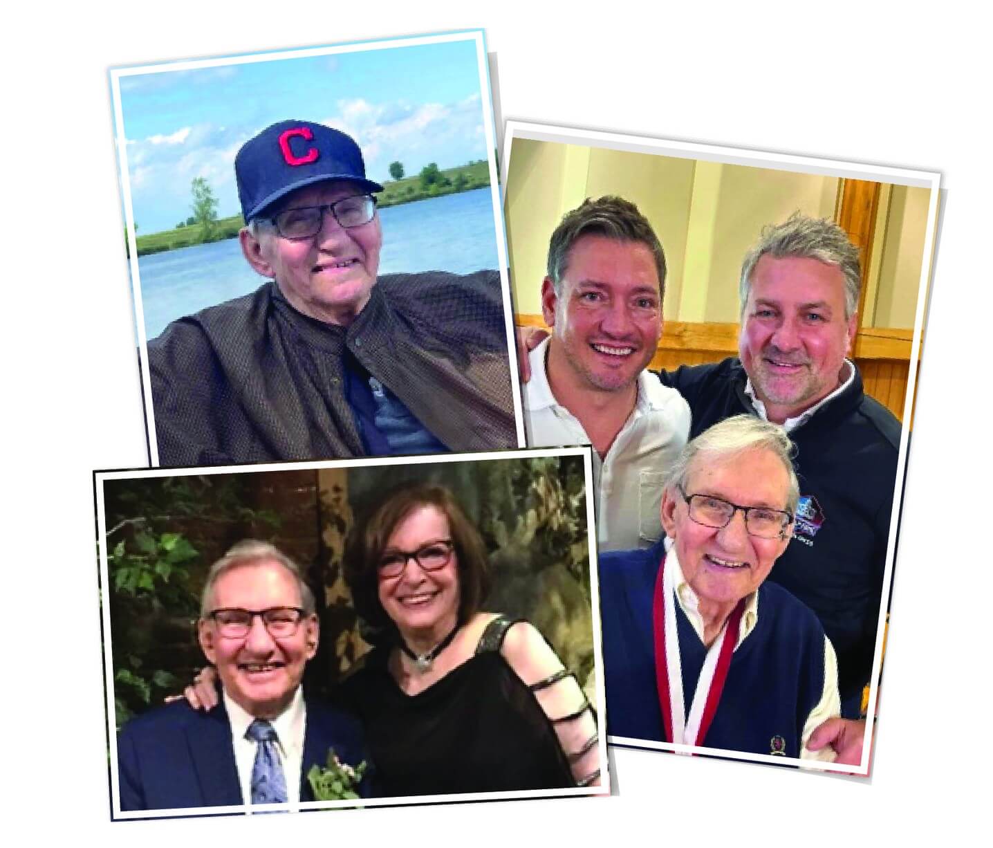 Collage of images of Don Ray’s with his wife Penny at 86, kicking back at 91 and him at 89 with his son Scott and Scott’s friend Matt Maleski.