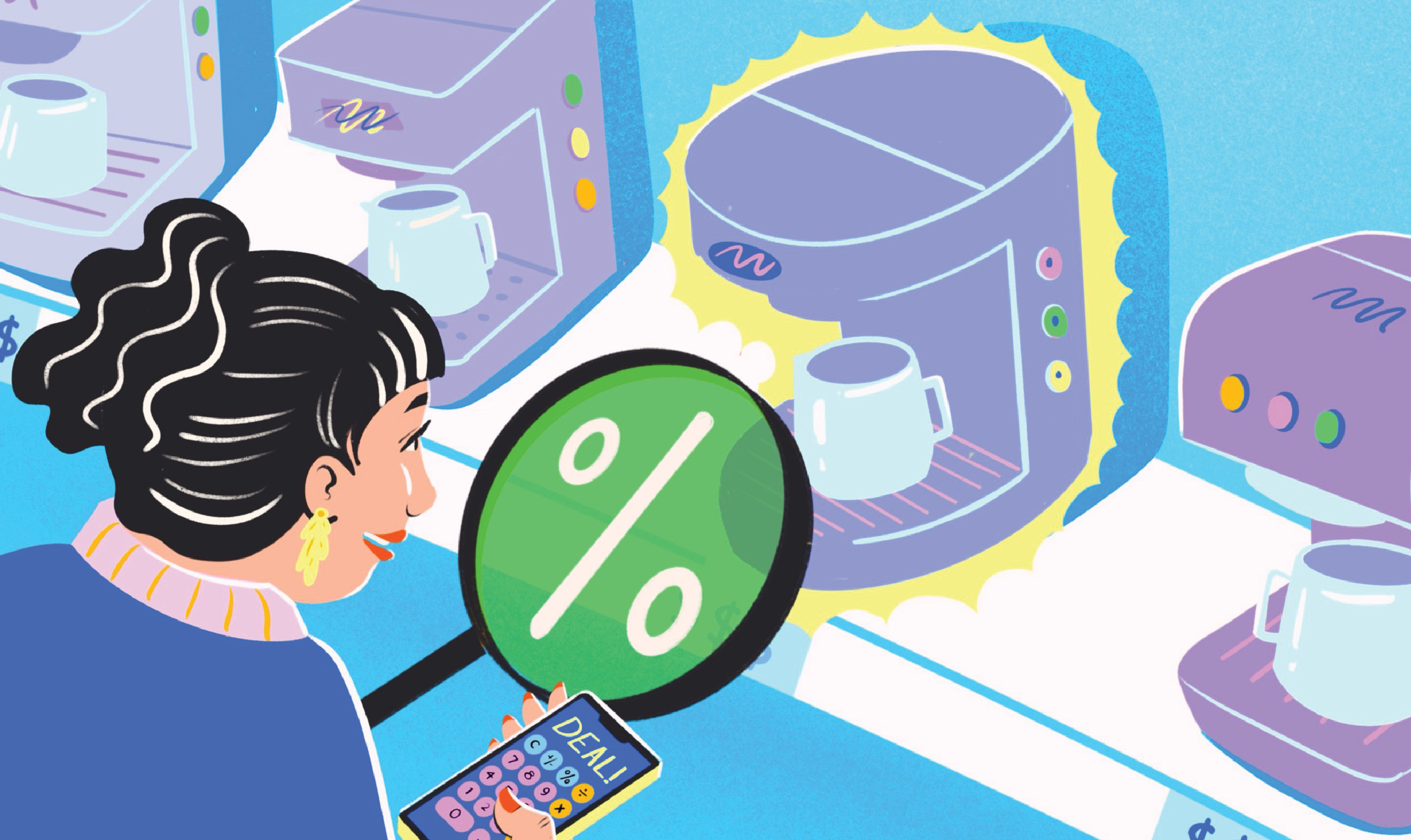 Illustration of a woman holding a magnifying glass with a percentage symbol on it. She is inspecting a coffee maker that is in a line of several coffee makers.