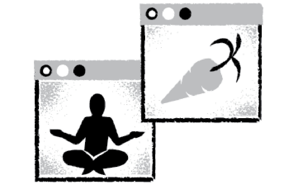 Illustration of two screens, one with a carrot and another with a person meditating in it.