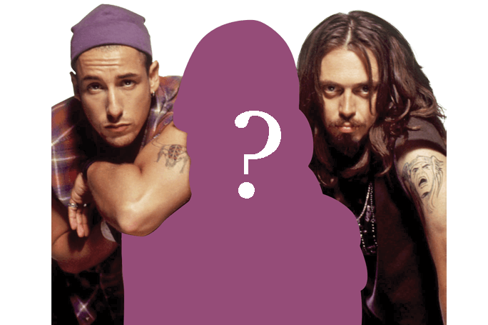 Image of Sandler to the left, and Steve Buscemi to the right. In the middle is a purple silhouette of a person with a question mark in the middle