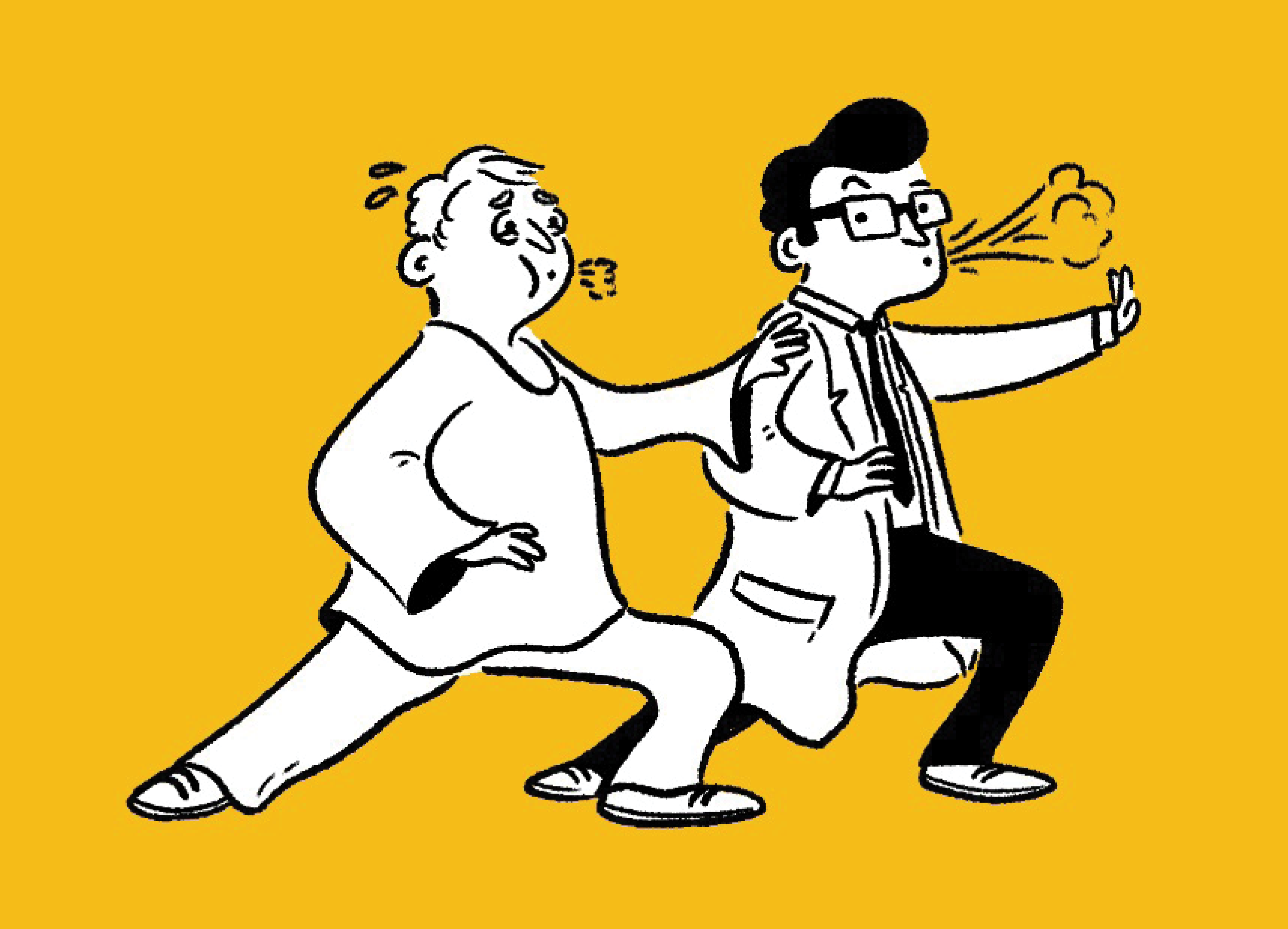 Illustration of a doctor and a patient doing a simple exercise together and breathing through it together.