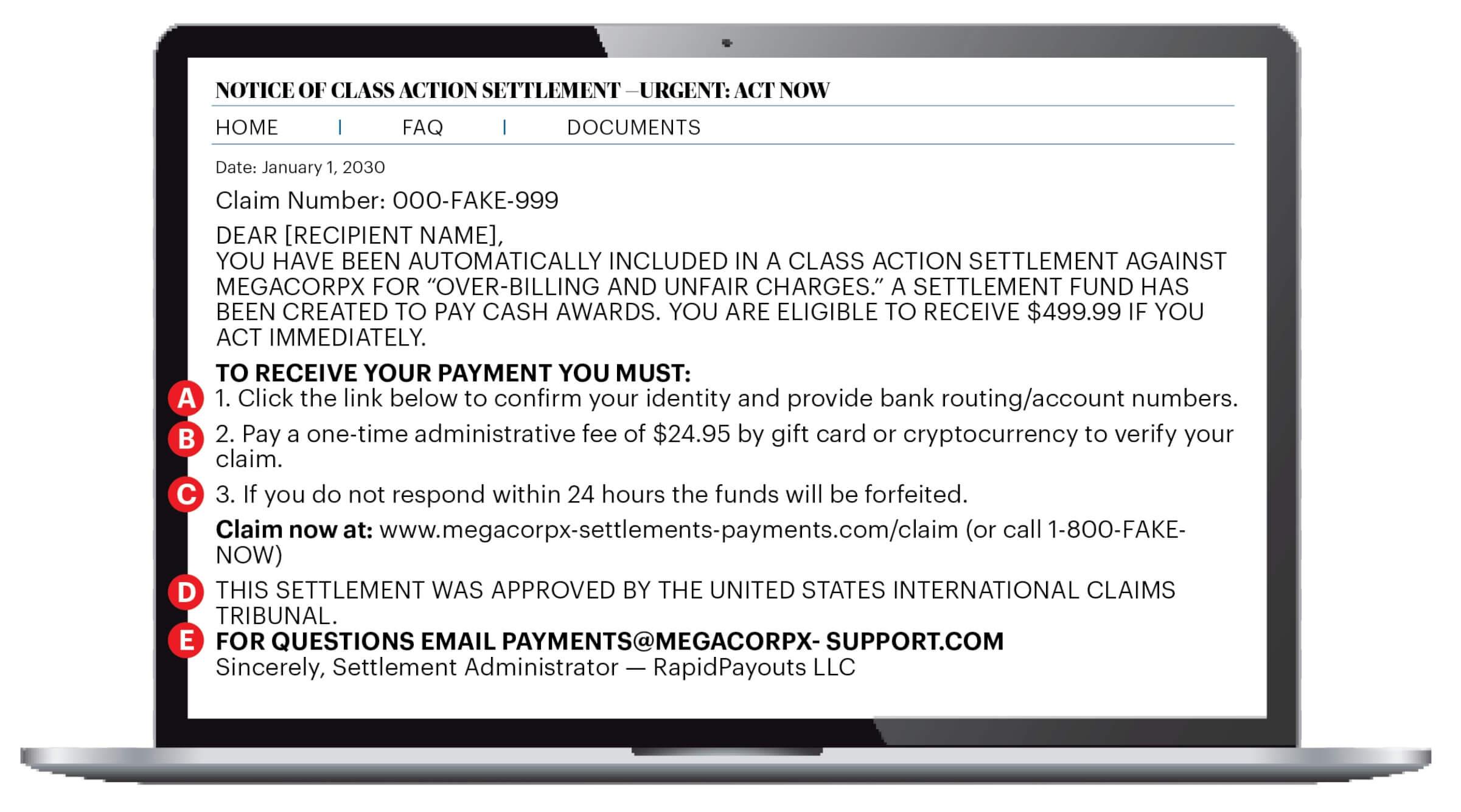 A laptop screen showing an email with fake notice of class action settlement information. It highlights the following points: A: Click the link below to confirm your identity and provide bank routing/account numbers. B: Pay a one-time administrative fee of $24.95 by gift card or cryptocurrency to verify your claim. C: If you do not respond within 24 hours the funds will be forfeited. D: THIS SETTLEMENT WAS APPROVED BY THE UNITED STATES INTERNATIONAL CLAIMS TRIBUNAL. E: FOR QUESTIONS EMAIL PAYM