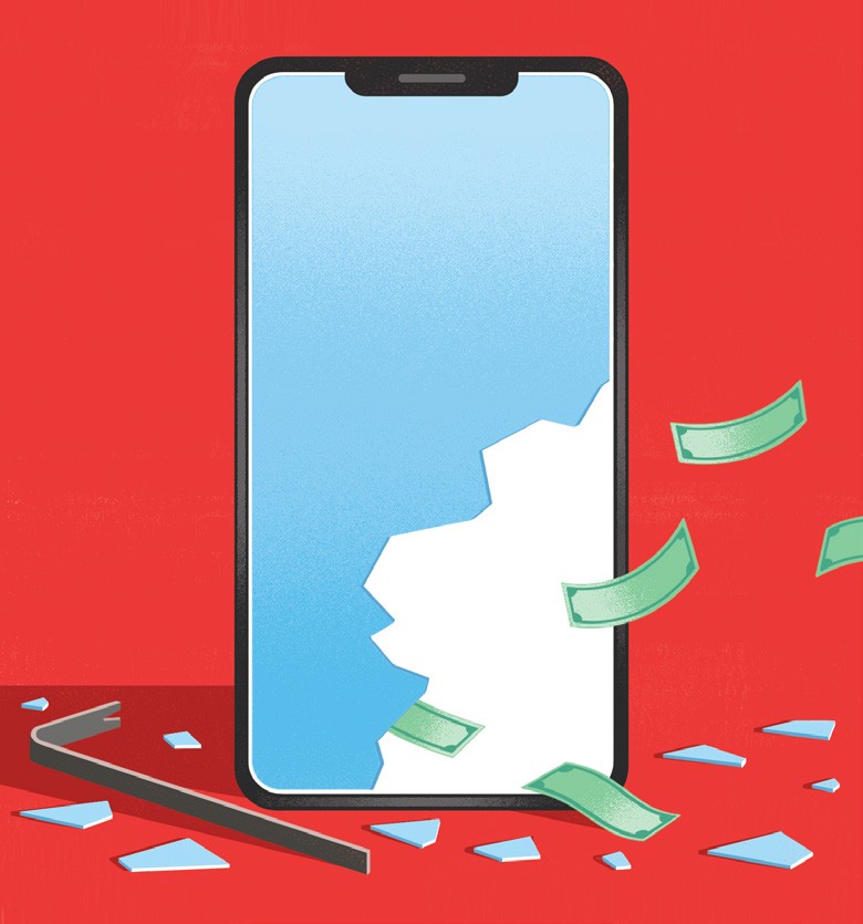 Illustration of a cell phone, where the screen has been broken by a crowbar. Dollar bills are coming out of the screen. 