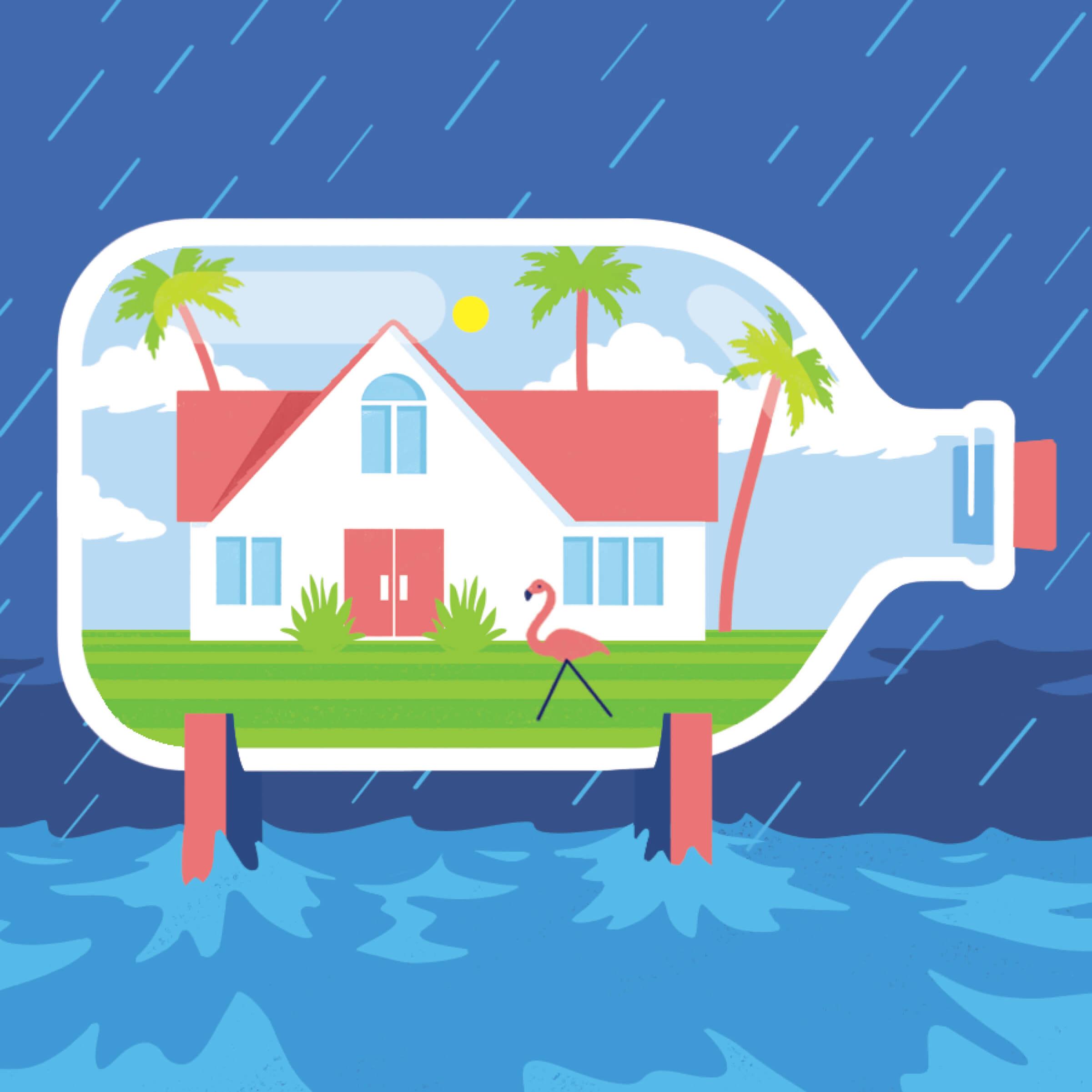 Drawing of the same house inside a bottle that is protecting the house from a storm and floodwaters