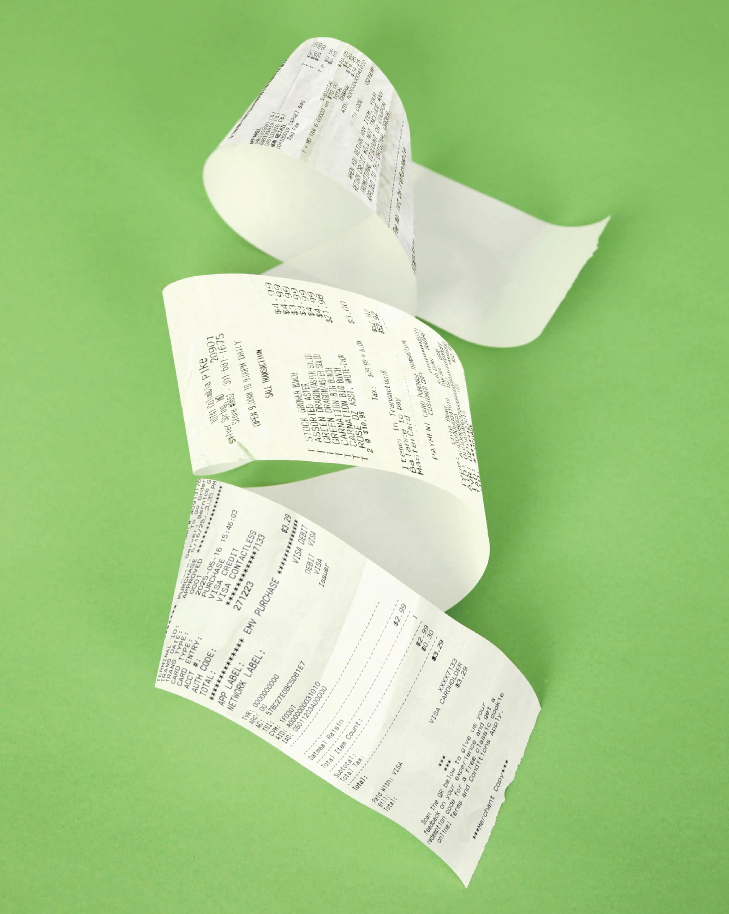 A coiled, long store reciept.