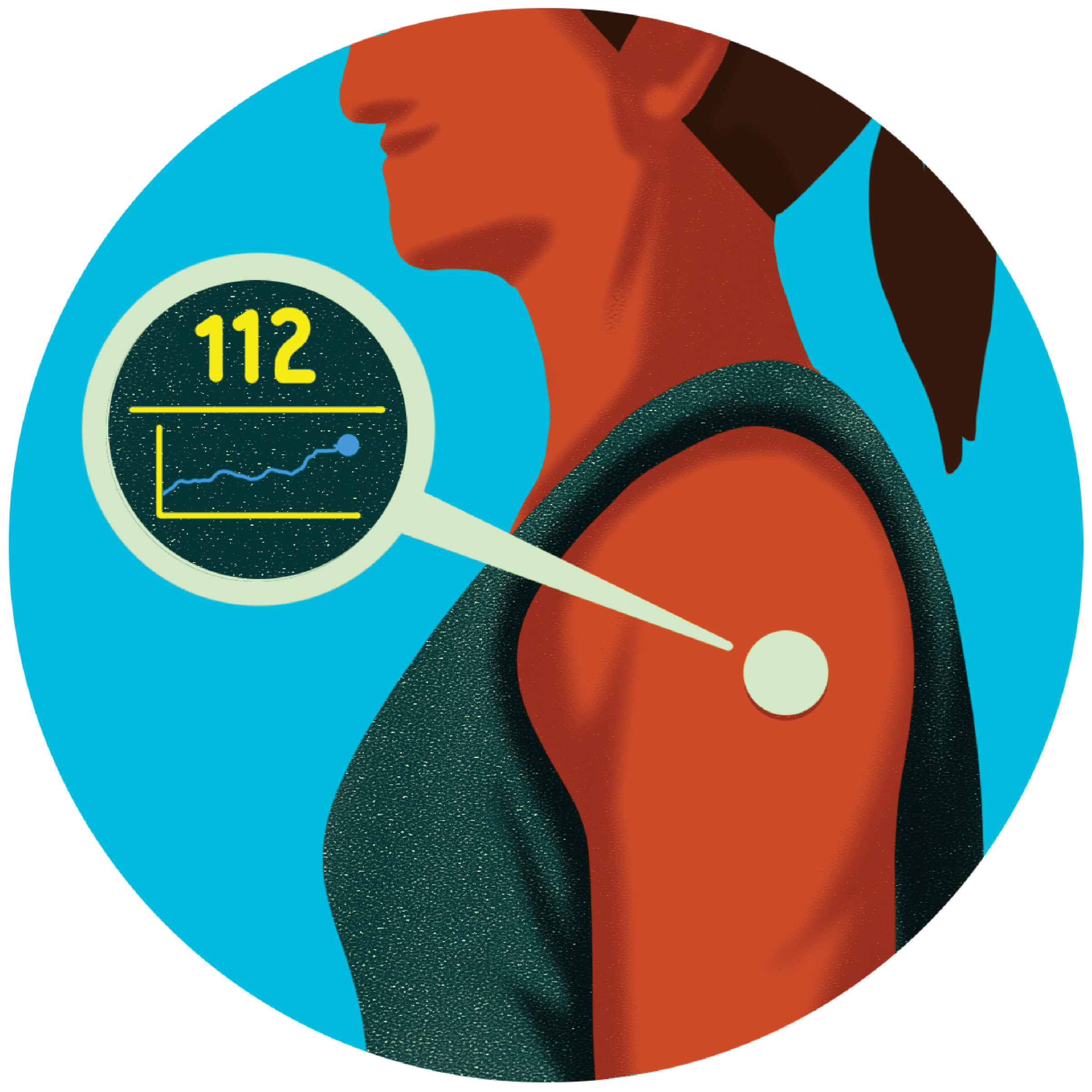 Drawing of a woman with a glucose data image projecting from her arm