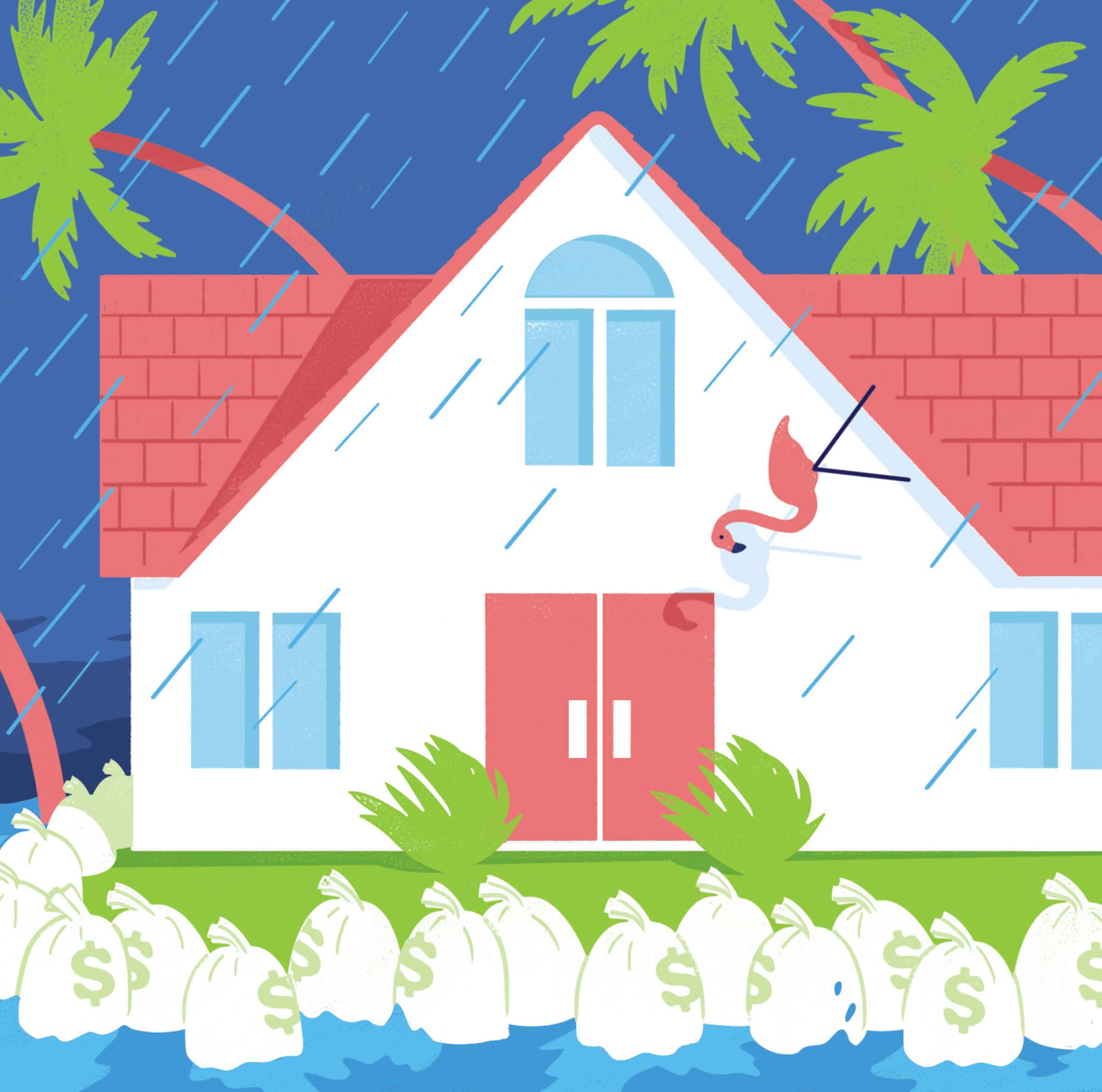 Drawing of a house in a rain storm with bags of money acting as sandbags to hold back floodwaters.