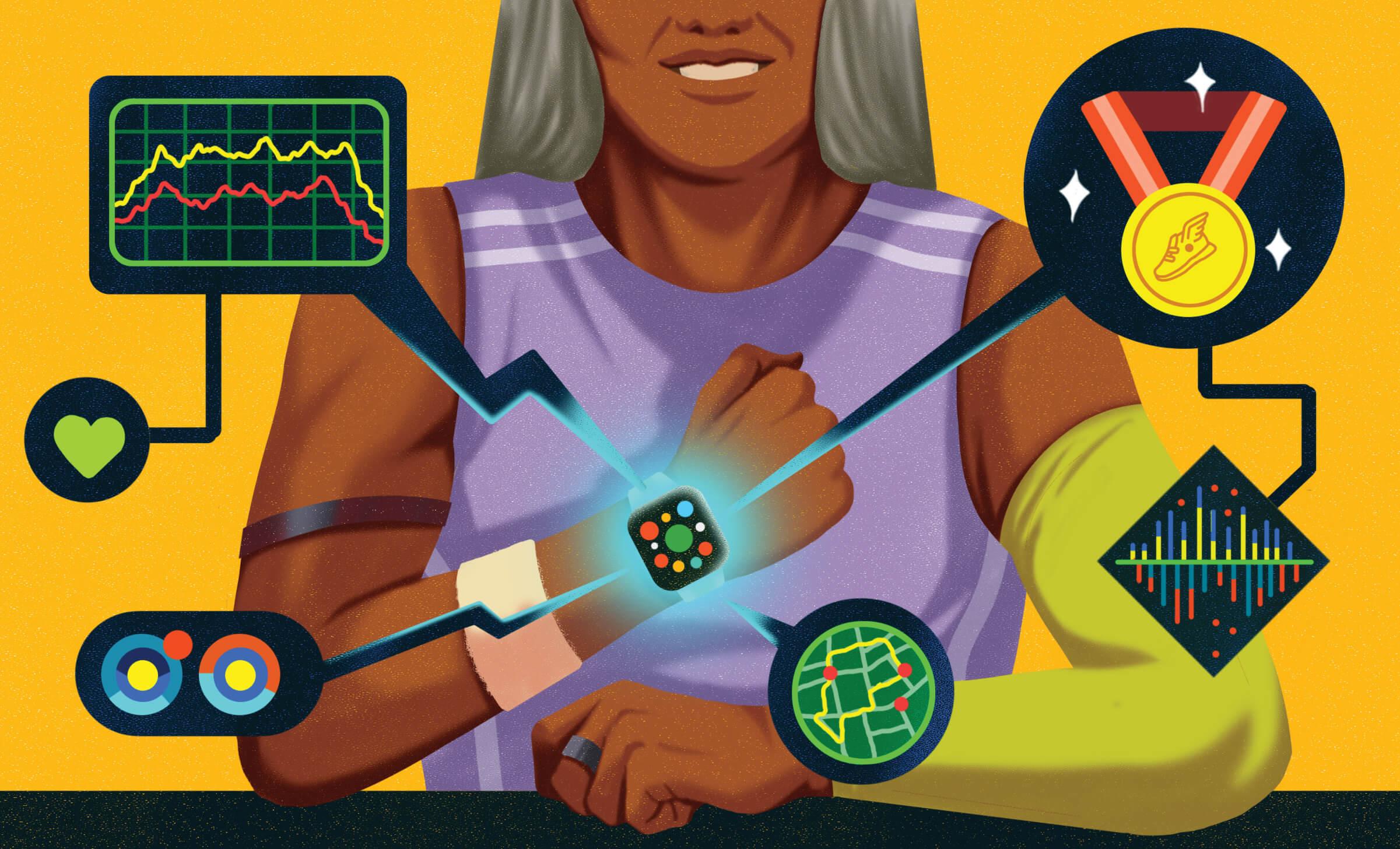 Drawing of a woman wearing a wrist mounted health monitor radiating various images of critical health data.