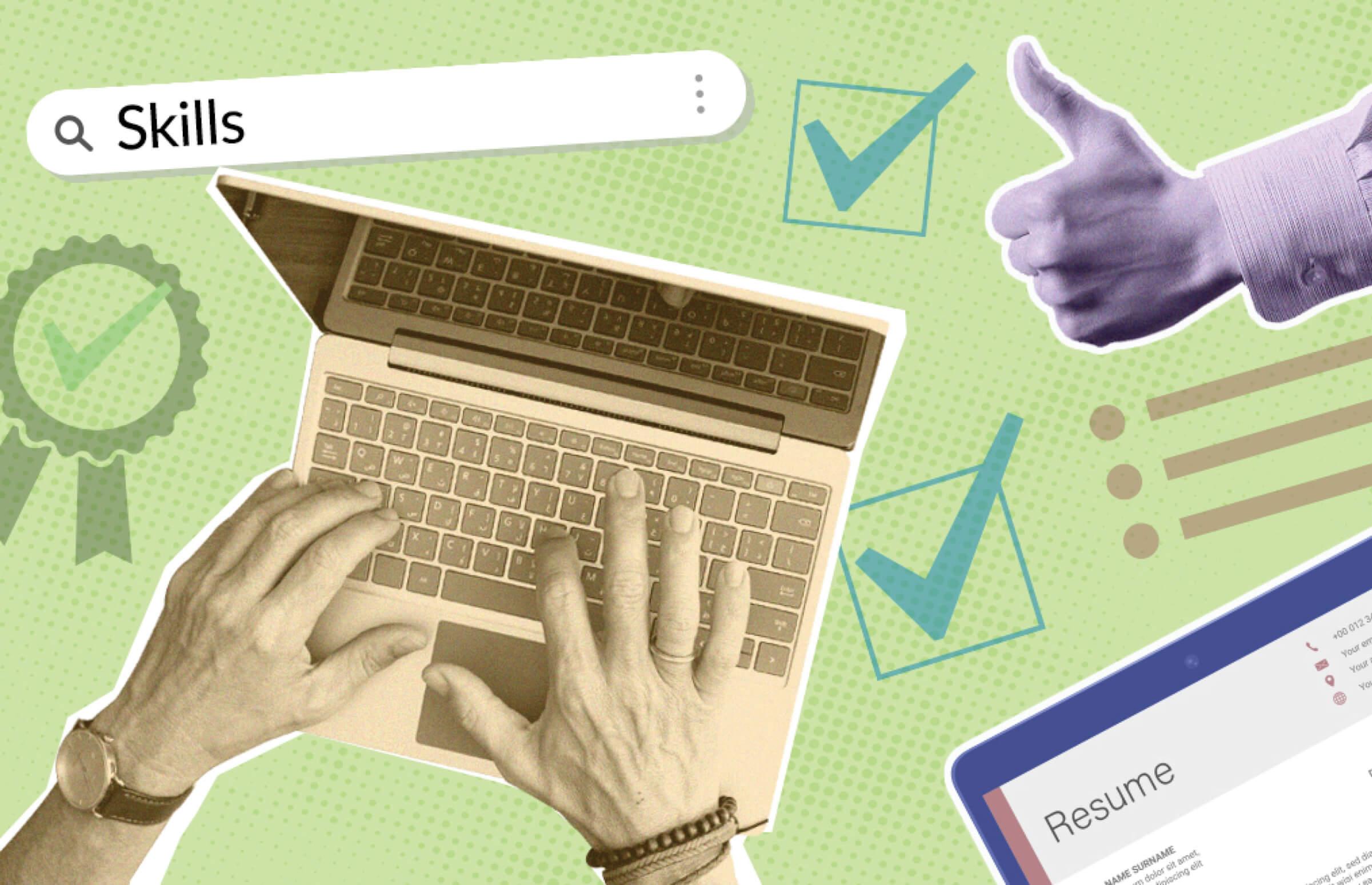 Graphic collage of tools used to assist those seeking employment including a laptop, search engine query, a resume, and a thumbs up and check marks indicating success.