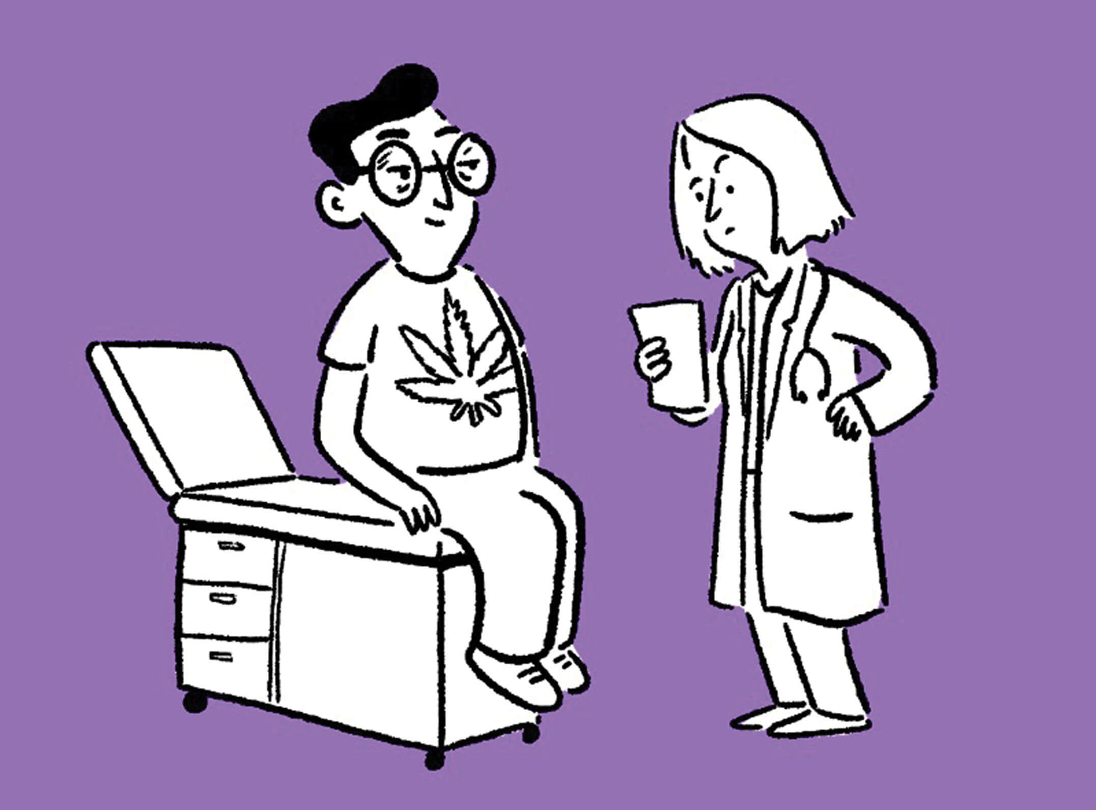 Drawing of a doctor tending to a man wearing a tee shirt with a marijuana leaf on it.