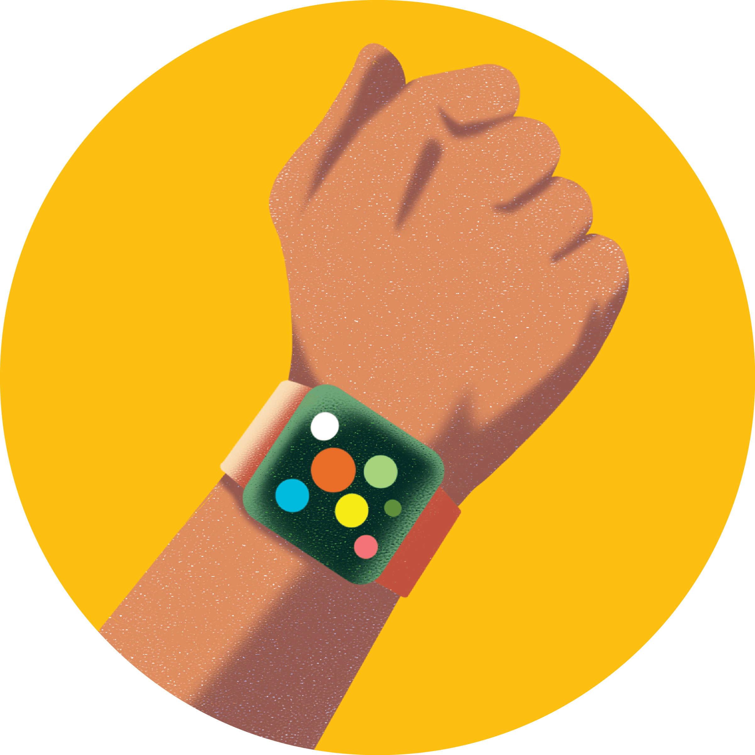 Drawing of a arm with a wrist mounted health monitor.