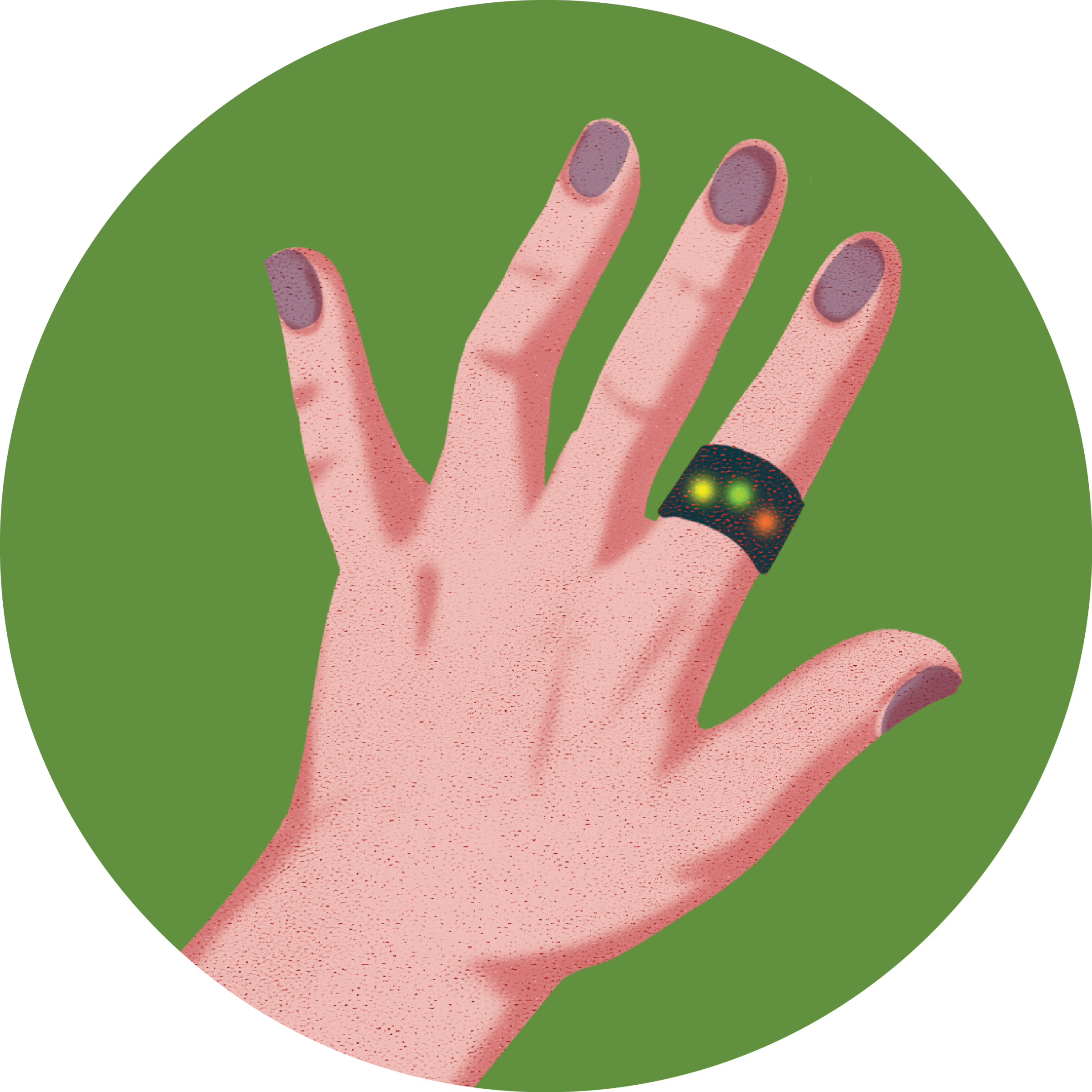 Drawing of a hand with a smart ring on the index finger.