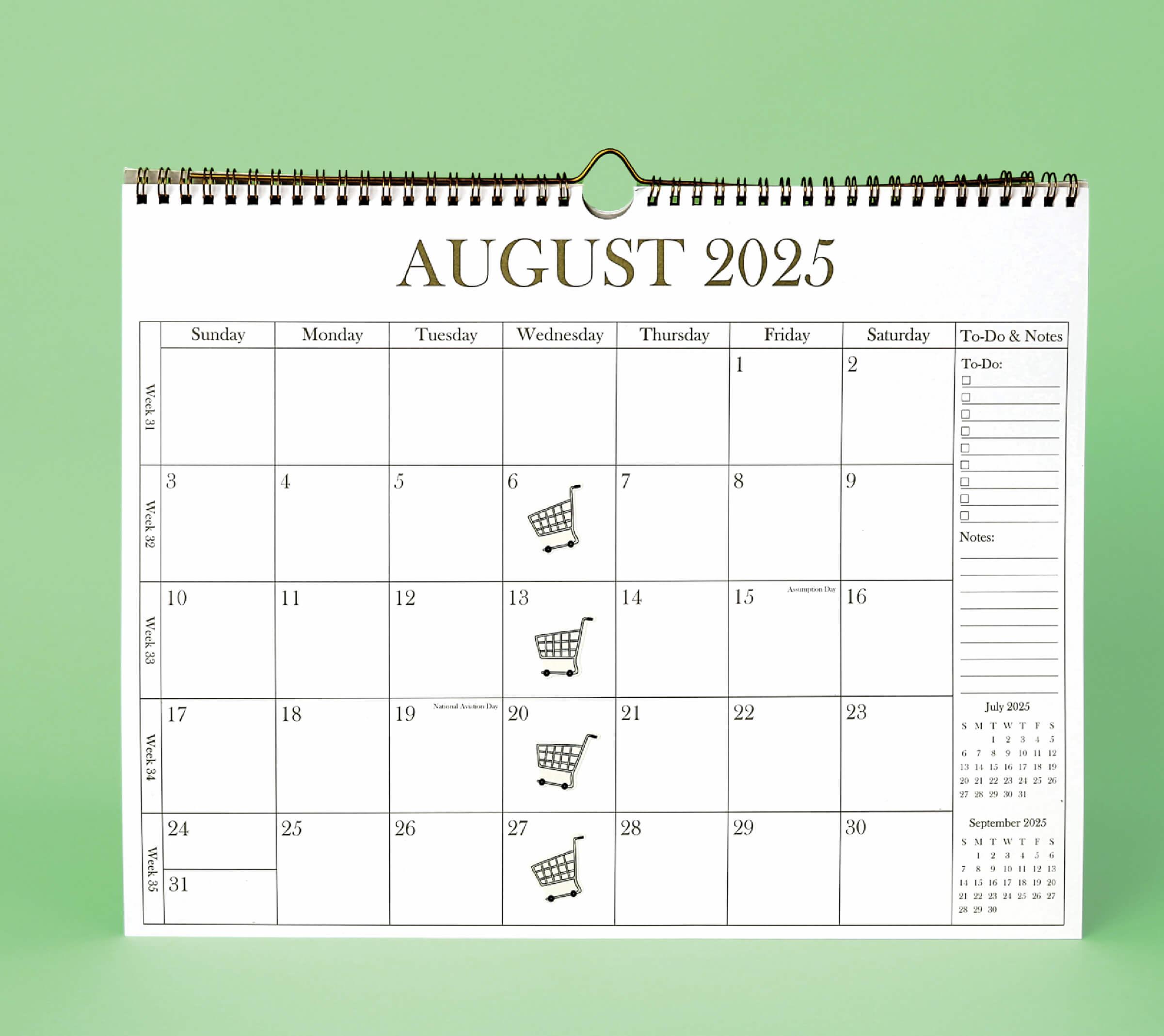 A calendar month with a shopping cart graphic on each Wednesday.