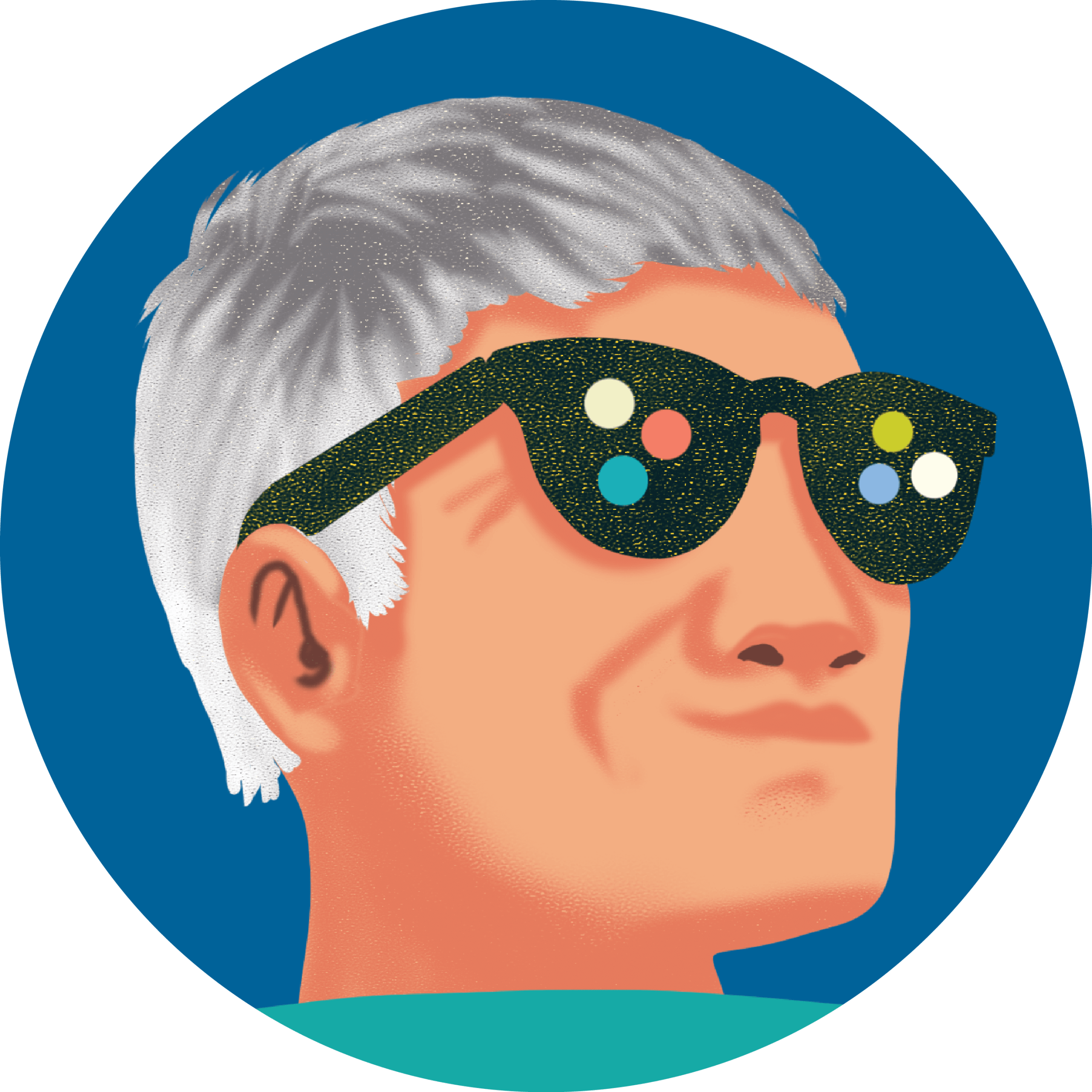 Drawing of a man wearing smart glasses.
