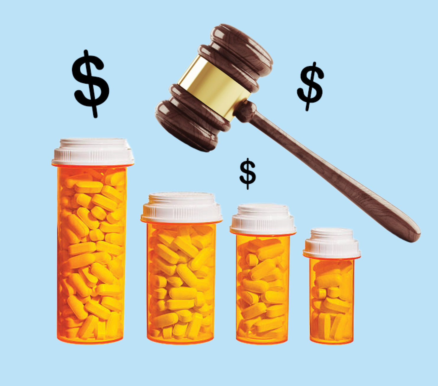 Photo collage of 4 pill bottles stacked in decreasing order of height. A gavel hits the pill bottles while dollar signs fly out of the bottle