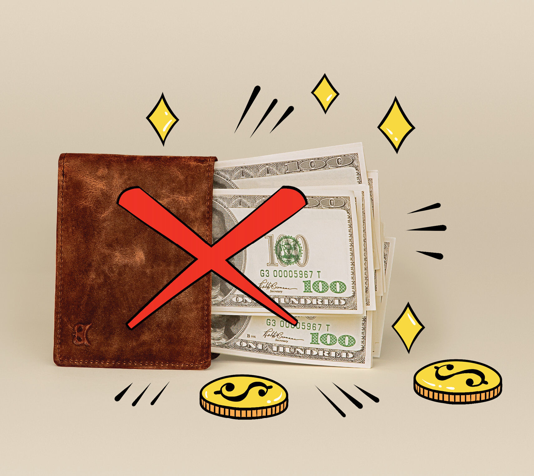 Photograph of a wallet with money sticking out of it. There are illustrations of coins and a cross mark over the wallet 