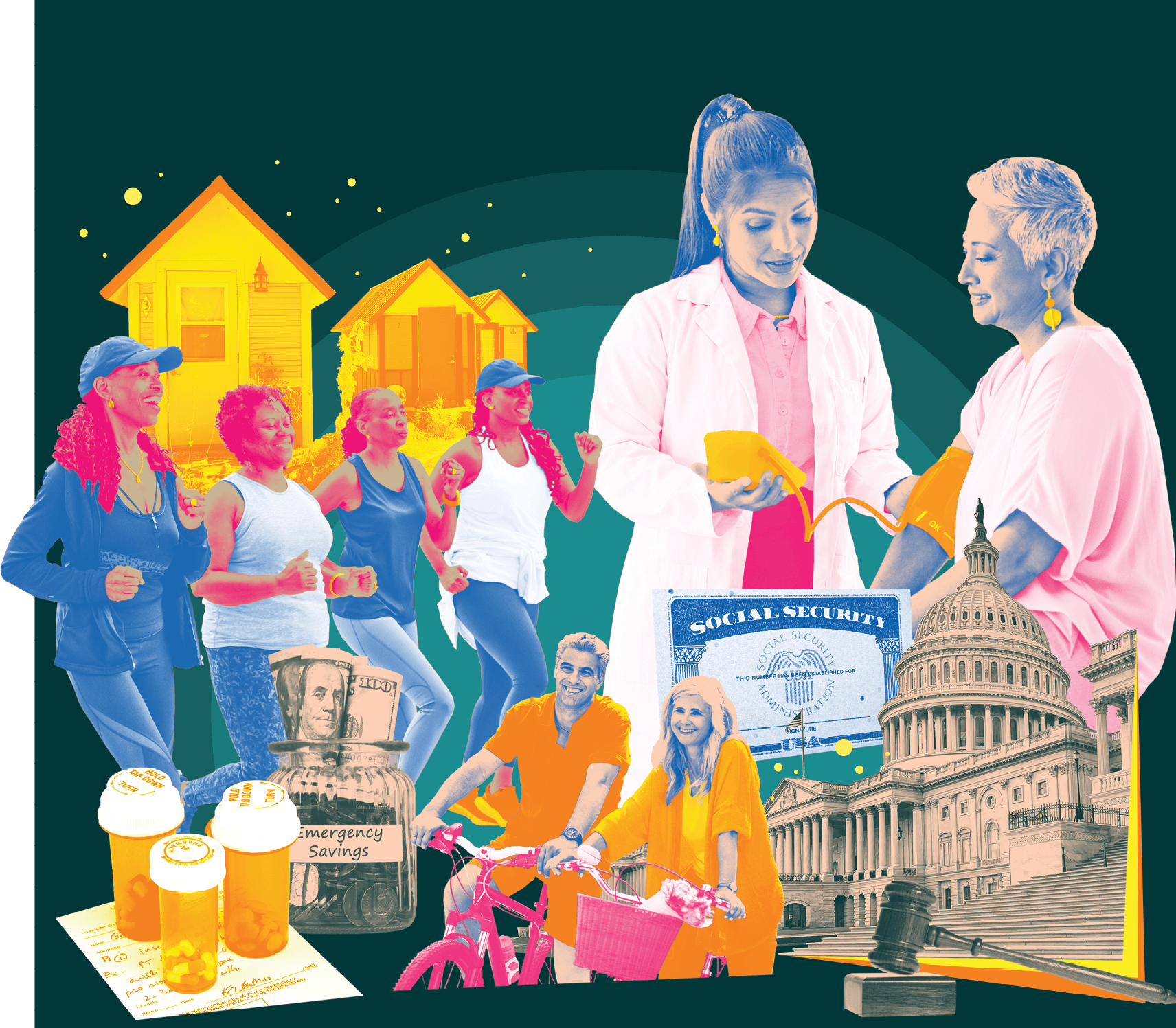 Photocollage of 4 women running, a woman talking to a doctor, a couple biking and medicine bottles