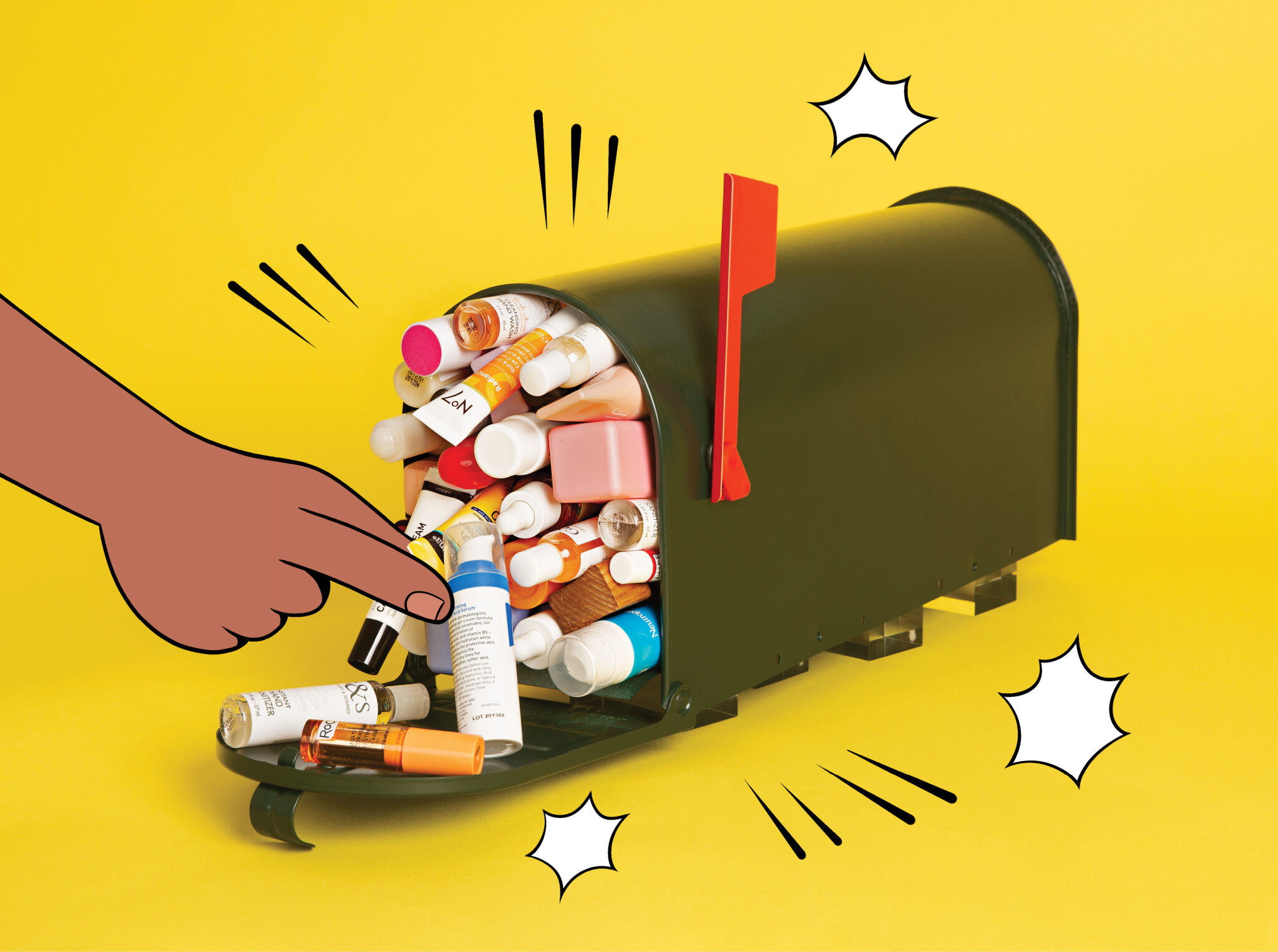 Photograph of a mailbox full of sample size goodies and an illustrated hand pointing at it 