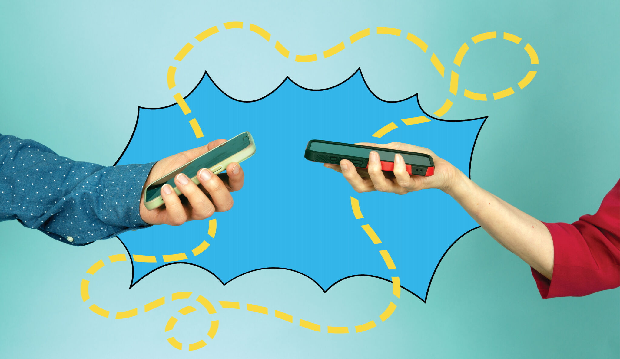 Photograph of 2 people holding their hand out with their phone in their hands. Illustrated lines connects the 2 phones 