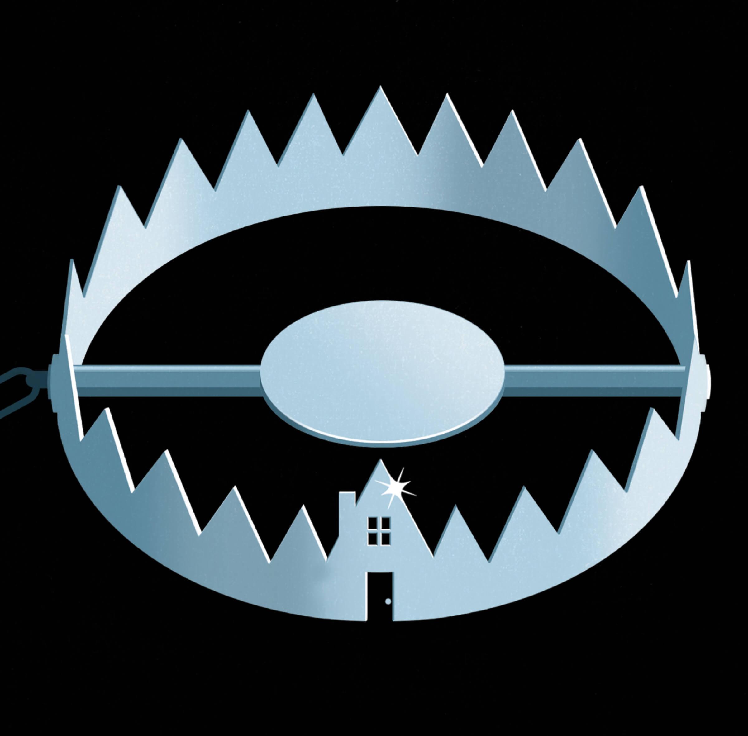 Illustration of a bear trap shaped as a house in the front 