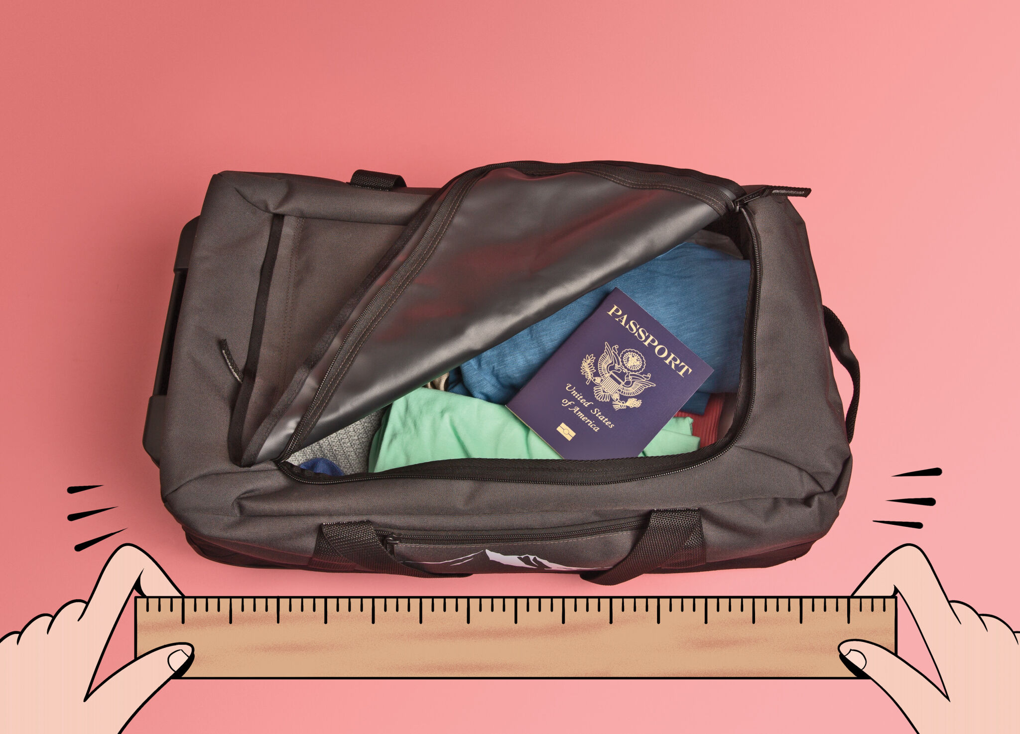 Photograph of a bag with illustration of a person measuring the length of the bag 