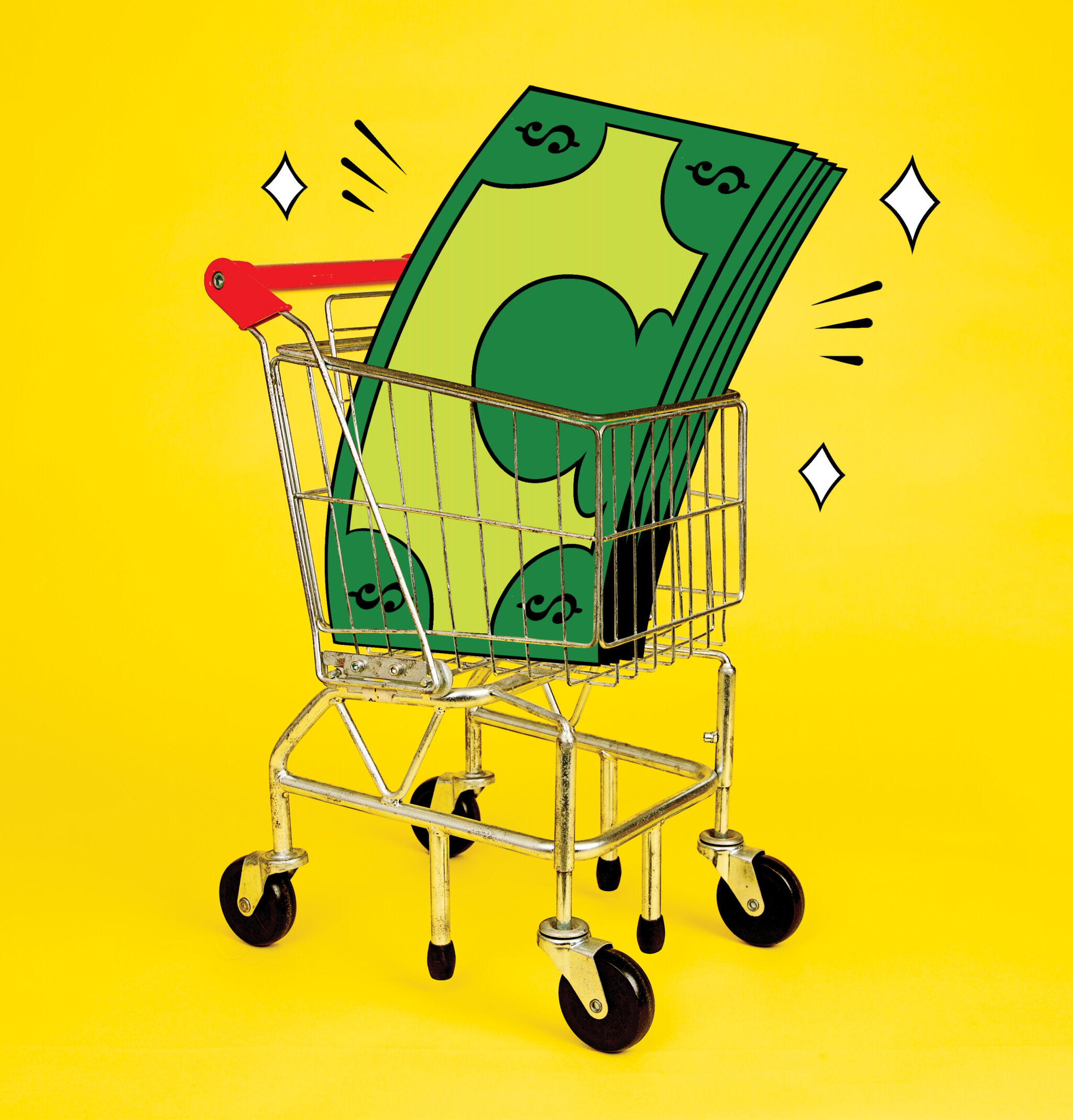 Photograph of a shopping cart with illustrated dollar bills inside it 