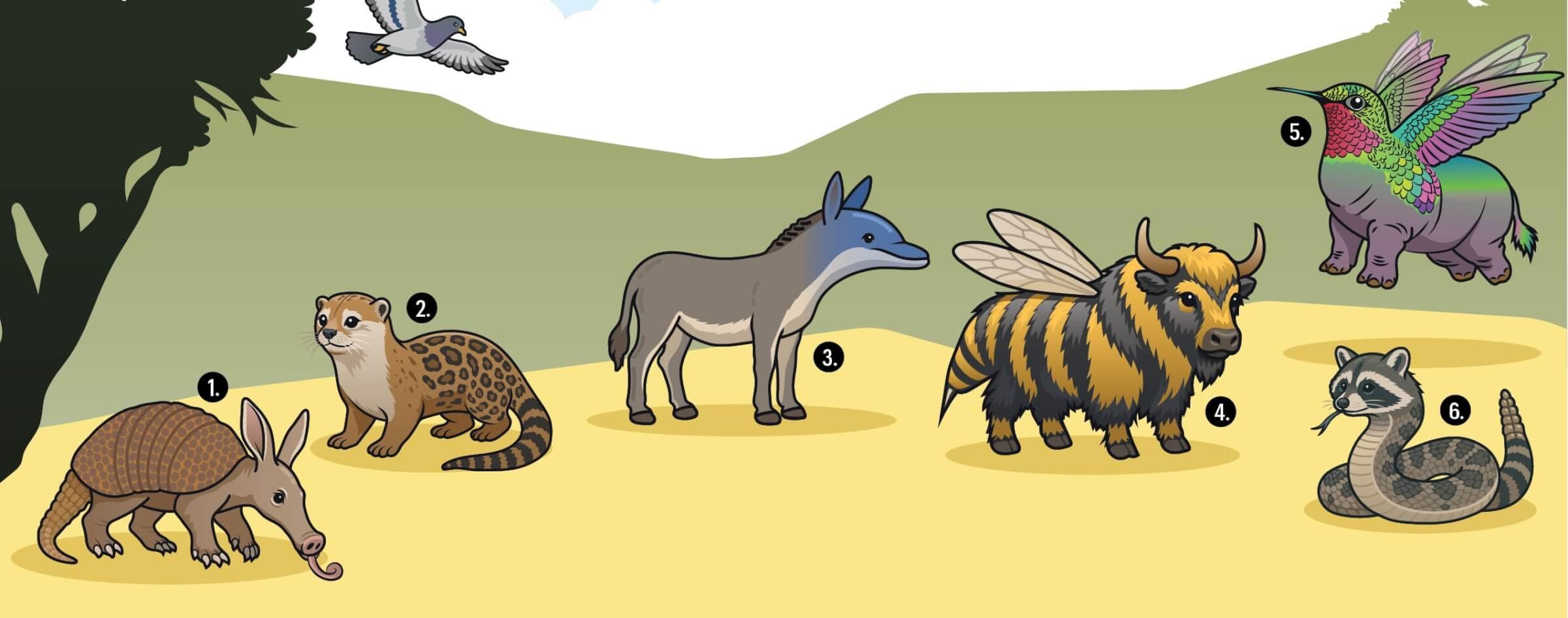 Illustrations of 6 animals that are made by combining 2 different animals