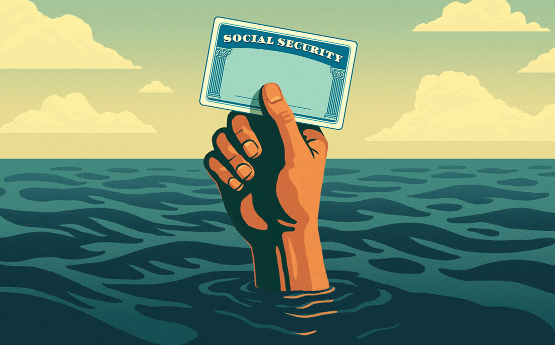 Illustration of a hand reaching out from the water holding up the social security card